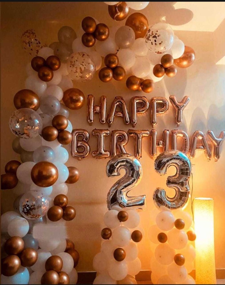 Vijeyanti Enterprises Special 23rd Happy Birthday Decorations Items kit - Golden and White theme for Birthday/Party/Welcome Home/ Season's Party Decorations Pack of - Happy Birthday (13 Letters) Foil Banner Rose Gold, Confetti,